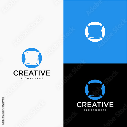 The logo mark is a circular geometric symbol made of four curved, pointed shapes arranged like a smooth, rotating pinwheel or a rounded diamond rotated 45°.