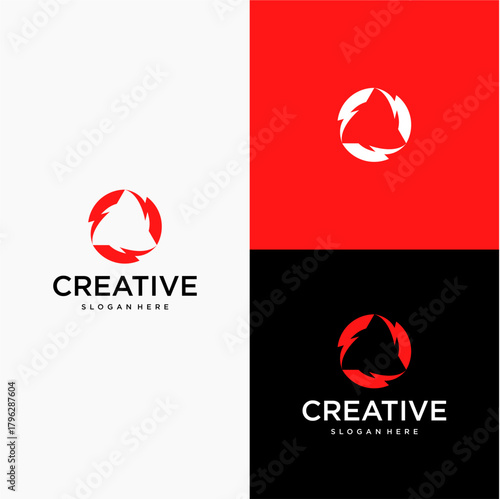 This vector logo features a stylized circular emblem made of three curved, flame-like shapes arranged in a rotating or swirling pattern.