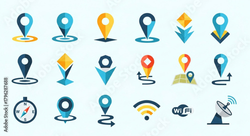 Collection of colorful location pin icons, representing navigation, maps, and points of interest for travel and technology