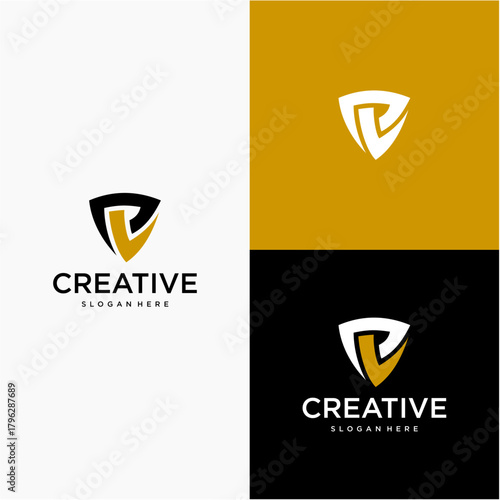 This vector logo features a modern shield-shaped emblem with a bold, stylized letter integrated into the design.