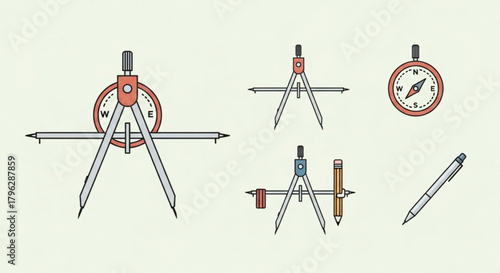 Illustration of drafting tools including a compass, pen, and protractor for drawing and measuring