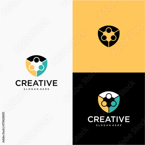 The icon is a circular shield-like shape divided into three curved segments.

Each segment contains a small solid circle, resembling three abstract human figures connected around the center.