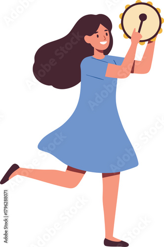 A young woman in a blue dress playfully holding a tambourine against a clean white background with a lively and carefree mood.