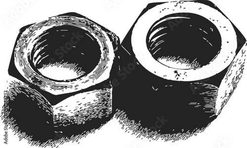 Hex nuts sketch, hand drawn style, detailed industrial hardware illustration — stock vector