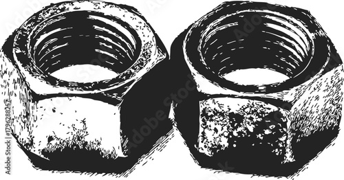 Hex nuts sketch, hand drawn style, detailed industrial hardware closeup — stock vector