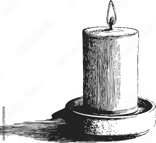 Candle sketch hand drawn style with flame on round holder casting shadow — stock vector
