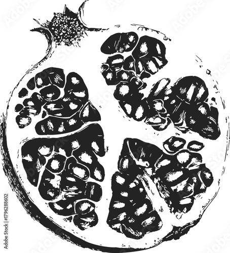 Pomegranate, hand drawn sketch with seeds and crown, isolated on white — stock vector