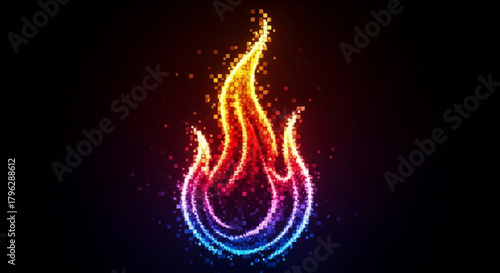 A vibrant, abstract flame dances against a dark backdrop, its fiery hues shifting from warm yellows and oranges to cool blues and purples in a mesmerizing display