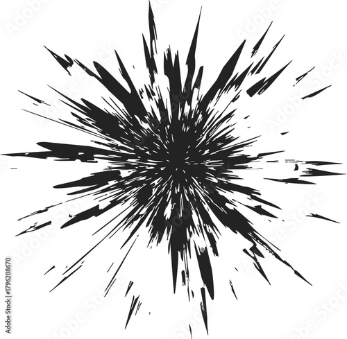 Explosion, hand drawn sketch style with radiating black debris fragments on white background — stock vector