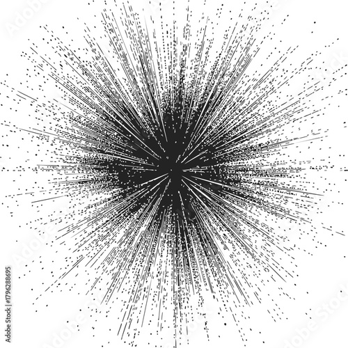 Black explosion sketch, hand drawn radial burst with scattered particles — stock vector