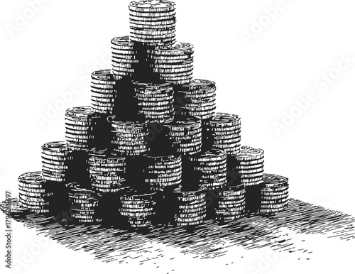 Stacked coins sketch hand drawn pyramid arrangement with detailed shading — stock vector