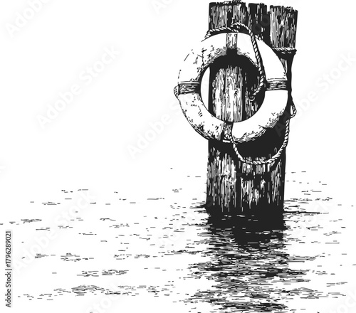 Lifebuoy hand drawn sketch attached to wooden pier in water — stock vector