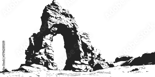 Natural arch sketch, hand drawn rocky landscape with eroded stone formation — stock vector