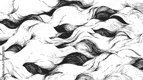 Black and white waves sketch, hand drawn abstract flowing pattern — stock vector