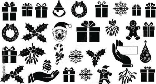 Christmas holiday silhouette icons set featuring gifts, wreath, holly, snowflakes, mistletoe, candy cane, gingerbread, Santa elements for festive designs