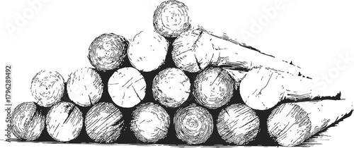 Stacked logs sketch hand drawn woodpile with rough textured timber ends — stock vector
