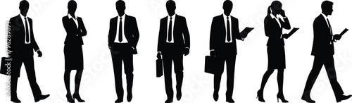 Business professionals walking, standing, and using digital devices in corporate office environment, showing teamwork, communication, mobility, leadership, and modern workflow