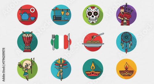 Collection of cultural icons representing diverse traditions and customs from around the world
