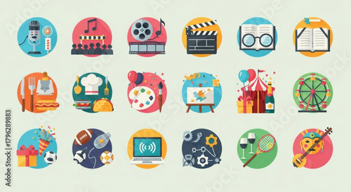 A vibrant collection of hobbies and interests, featuring icons representing music, film, cooking, art, travel, sports, technology, and entertainment, all set against colorful backgrounds