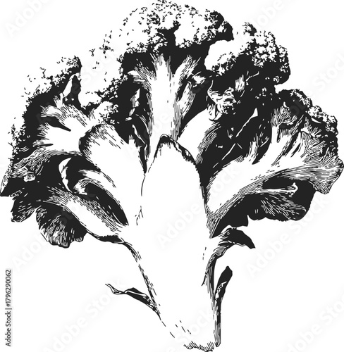 Broccoli hand drawn sketch detailed floret cross section black and white — stock vector