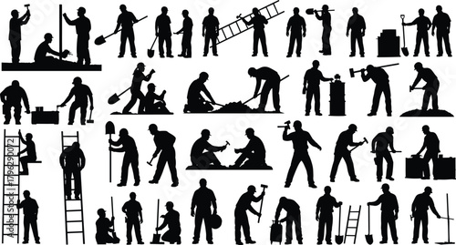 Construction worker silhouettes performing various tasks with tools, ladders, shovels, hammers, equipment and manual labor activities for industrial projects