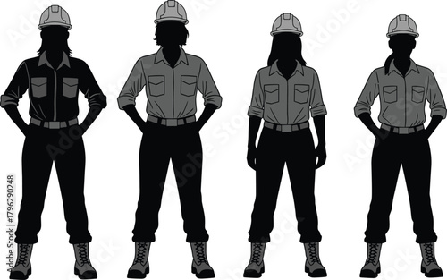 Construction worker silhouettes wearing hard hats and safety boots, standing confident in uniform, industrial labor team illustration set for design