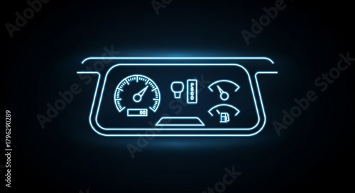 Neon dashboard panel icon glowing with speedometer, fuel gauge, and other indicators, creating a futuristic and modern automotive interface on a dark background