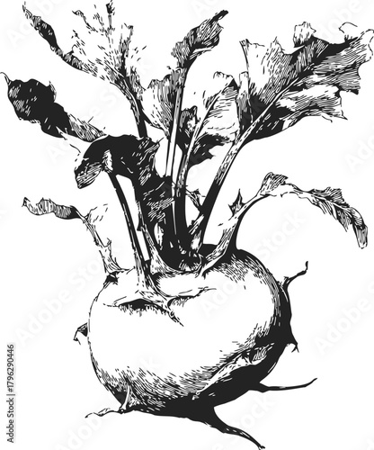 Kohlrabi sketch, hand drawn root vegetable with leaves, detailed botanical illustration — stock vector