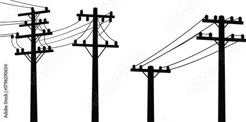 Electric utility poles and power line silhouette set, high voltage transmission distribution illustration, black vector energy infrastructure design for industry use