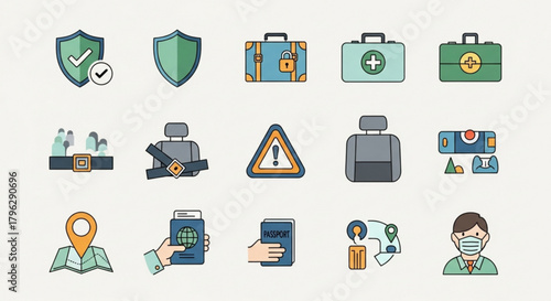 Collection of safety and security icons, including travel insurance, seat belt, first aid kit, passport control, map location, and other safety measures