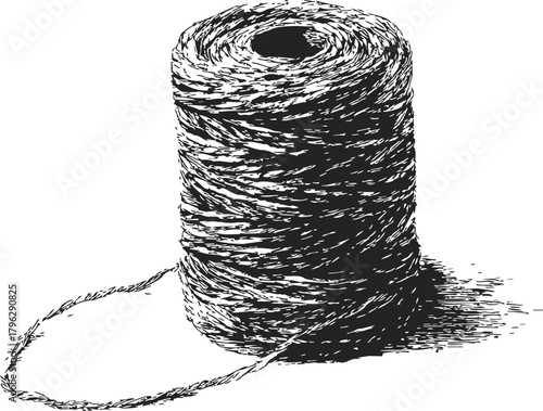 Twine spool sketch, hand drawn style, detailed textured cord roll with loose end — stock vector