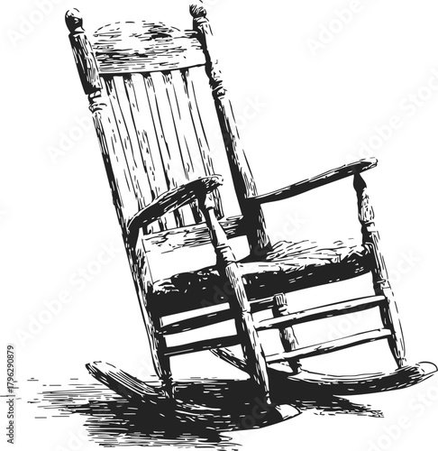 Rocking chair sketch, hand drawn vintage wooden seat with curved rockers — stock vector