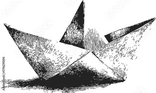 Paper boat sketch, hand drawn origami style with textured shading — stock vector