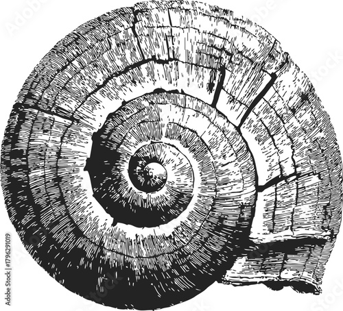 Spiral shell, hand drawn sketch with detailed line work and cross-hatching — stock vector