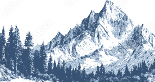 Mountain landscape sketch, hand drawn with pine trees and rugged peaks — stock vector
