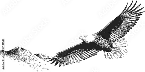Bald eagle sketch, hand drawn style, soaring above mountain landscape — stock vector