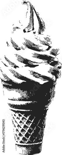 Ice cream cone sketch, hand drawn style, detailed waffle cone and soft serve swirl — stock vector