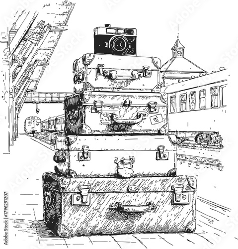 Stack of vintage suitcases with retro camera at train station, sketch hand drawn scene — stock vector