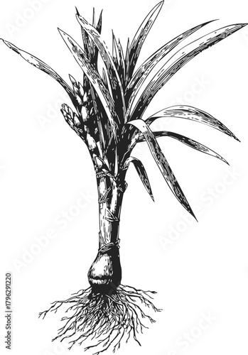 Sugarcane plant sketch, hand drawn botanical illustration with roots and leaves — stock vector
