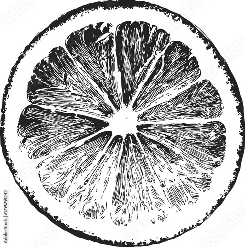 Citrus fruit slice sketch, hand drawn black and white detailed cross section — stock vector