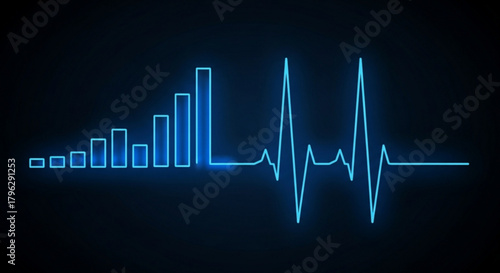 Abstract glowing blue graph and heart rate pulse line on dark background, representing data analysis, health monitoring, and technological advancement