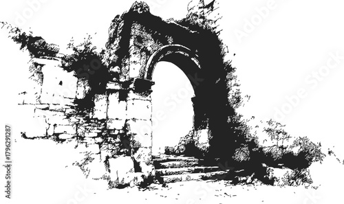 Ancient stone archway sketch, hand drawn ruins with weathered masonry and steps — stock vector