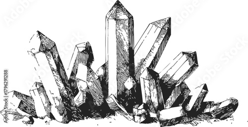 Quartz crystals sketch, hand drawn mineral cluster with detailed facets — stock vector