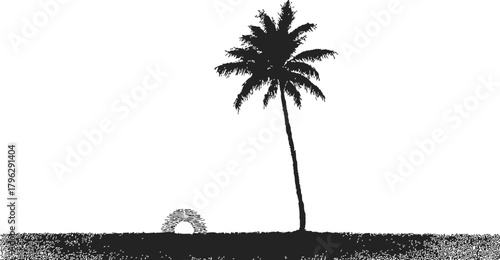 Palm tree sketch, hand drawn style with sunset on horizon — stock vector