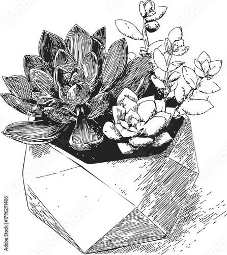 Succulent plants sketch, hand drawn geometric pot arrangement — stock vector