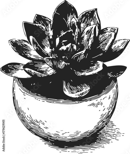 Succulent plant sketch hand drawn in round pot, detailed botanical line art — stock vector