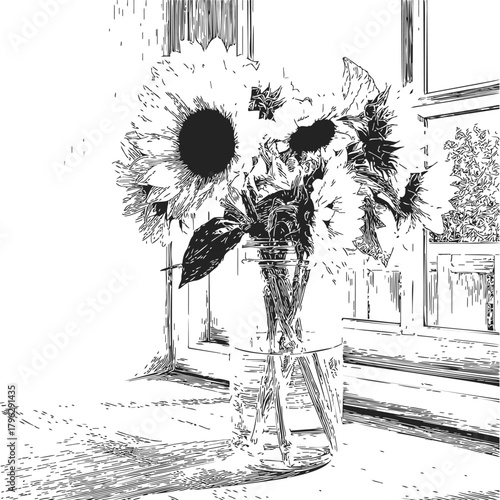 Sunflowers sketch hand drawn bouquet in glass vase on windowsill — stock vector