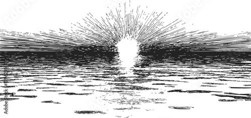 Sunset over water sketch, hand drawn style with radiant sun and rippling reflections — stock vector