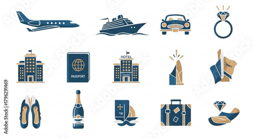 Collection of luxury travel and lifestyle icons, representing highend vacations, exclusive experiences, and premium services for discerning travelers