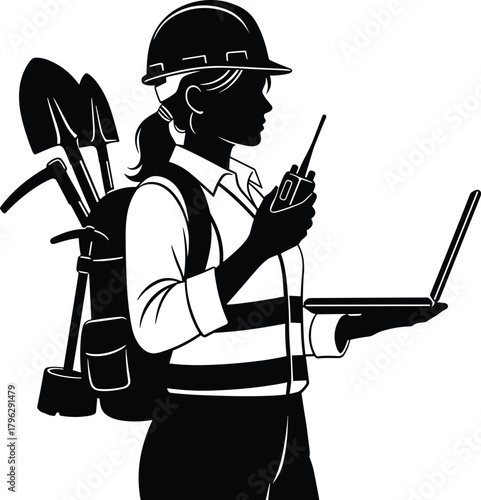Female construction worker silhouette using laptop and walkie-talkie with tools backpack, safety helmet, vest, professional engineering illustration